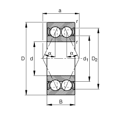 角接觸球軸承 3804-B-2RSR-TVH, 雙列，雙側(cè)唇密封，接觸角 α = 25°