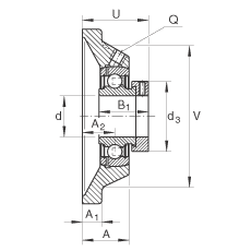 軸承座單元 PCJ35-N-FA125, 帶四個螺栓孔的法蘭的軸承座單元，鑄鐵，偏心鎖圈，P型密封，耐腐蝕保護