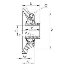 軸承座單元 RCJY30-JIS, 帶四個螺栓孔的法蘭的軸承座單元，鑄鐵， 根據 JIS 標準，內圈帶平頭螺釘， R 型密封